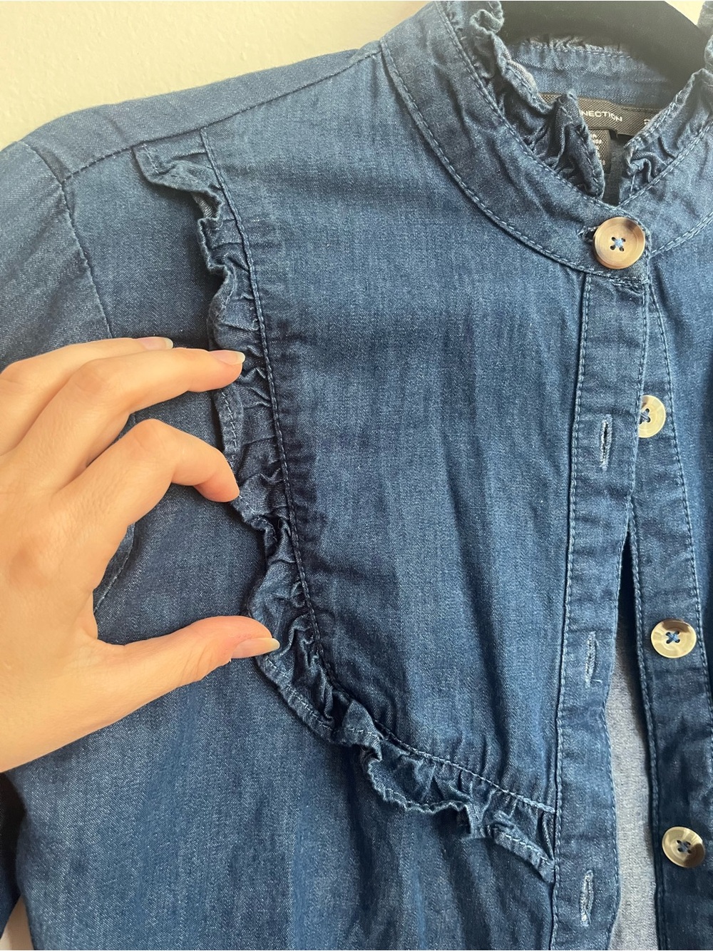 French Connection Blue Ruffle-Trim Button-Up Blouse - Picture 2 of 5